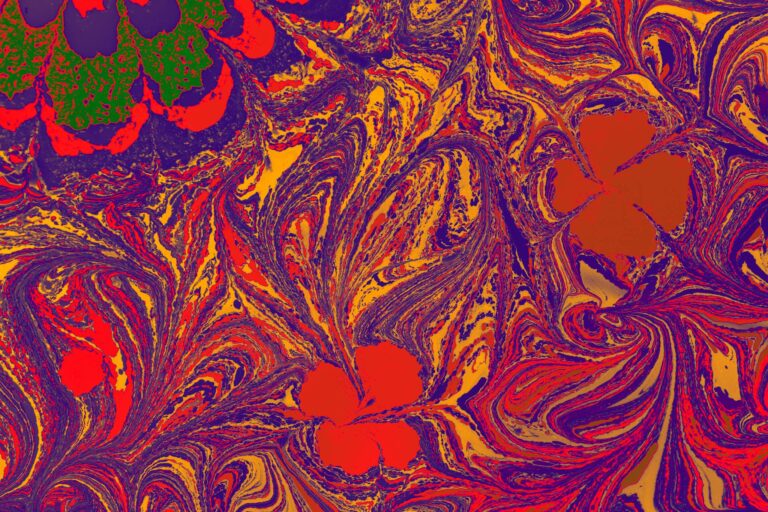 Colorful abstract painting featuring swirling patterns and floral shapes in vibrant hues.