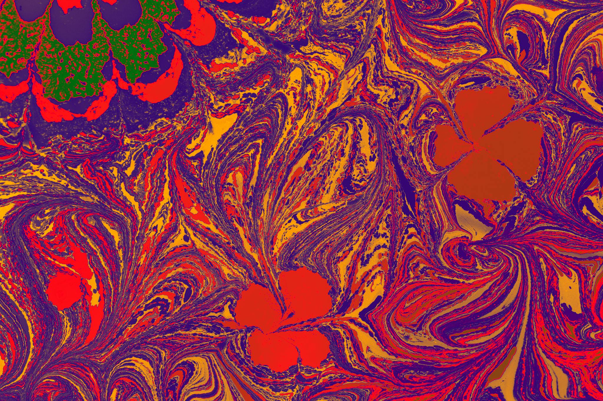Colorful abstract painting featuring swirling patterns and floral shapes in vibrant hues.