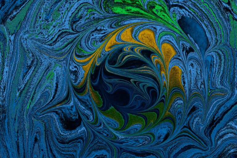 Dynamic fluid art design with swirling patterns in blue, green, and yellow hues.